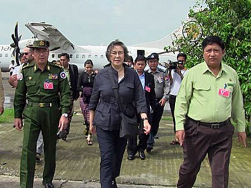 Yanghee Lee arrives at the airport in Sittwe, capital of western Myanmar's Rakhine state, July 12, 2017.