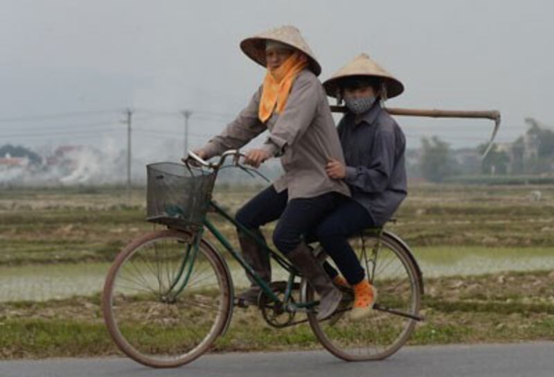 Hai nông dân trở về nhà sau một ngày làm đồng ở ngoại ô Hà Nội hôm 18/2/2016. AFP photo