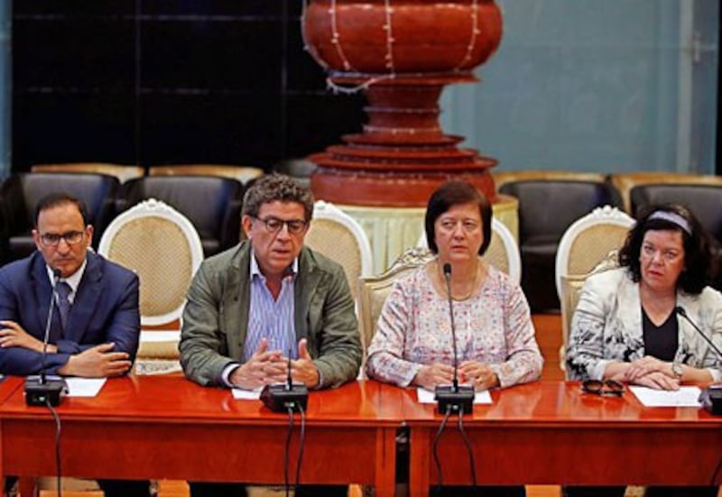 UN Security Council members (from left) Mansour Ayyad Al-Otaibi from Kuwait, Gustavo Meza-Cuadra from Peru, Joanna Wronecka from Poland, and Karen Pierce from Great Britain speak at a press conference in Myanmar's capital Naypyidaw, May 1, 2018.