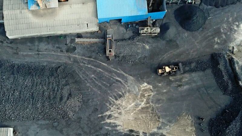 An aerial view of a coal storage facility in Hejin, central China's Shanxi Province, Nov. 28, 2019.