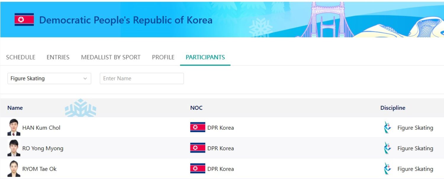 하얼빈 동계 아시안 게임에 출전하는 북 선수 명단 /하얼빈 대회 조직위원회 홈페이지