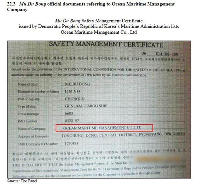 북한당국이 발급한 무두봉호 선박안전관리증서.