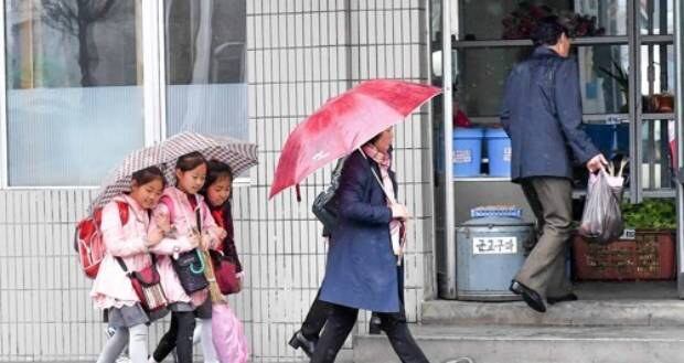 우산을 나눠 쓴 북한 어린이들이 평양 거리를 걸어가고 있다. 