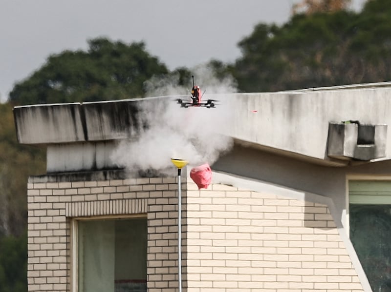 A commercial-grade drone hits its target during a military training exercise in Taichung on Jan. 27, 2026.