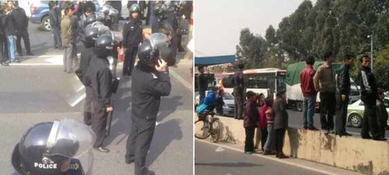 村民堵橋期間，政府召喚特警到場驅散，而珠江橋被村民堵塞三小時，現場出現數公里的車龍。(村民攝)