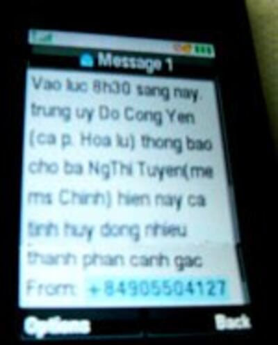 Text message của Mục Sư Nguyễn Công Chính gởi cho phóng viên Hà Giang RFA