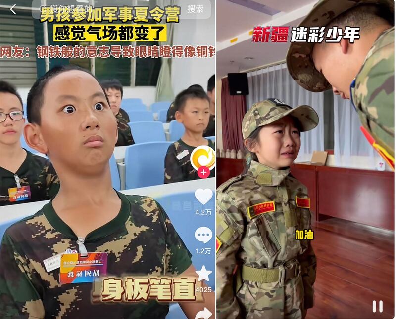 左图:男孩子参加军训夏令营。（网络截图/古亭提供）； 右图:一名女孩被教官吓哭。（网络截图/古亭提供）