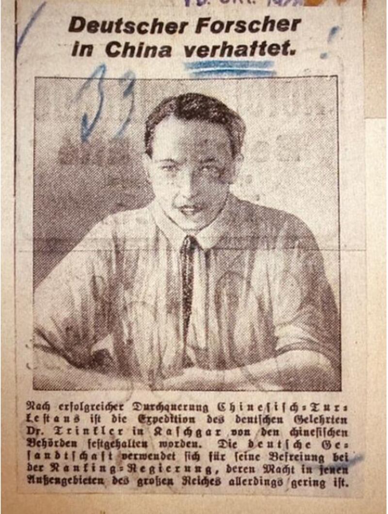 «بېرلىن كەچلىك گېزىتى» نىڭ 1928-يىلى 10-ئاينىڭ 18-كۈنىدىكى سانىدا ئېلان قىلىنغان «گېرمانىيەلىك تەتقىقاتچى خىتايدا قولغا ئېلىندى» ماۋزۇلۇق خەۋەر.