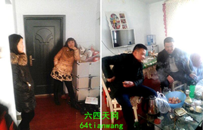2月18日，多名男女，包括鹿樓辦事處人員及黑保安等（左圖及右圖），打算在古蓮嬌家中強行將她帶走。（相片由六四天網提供）