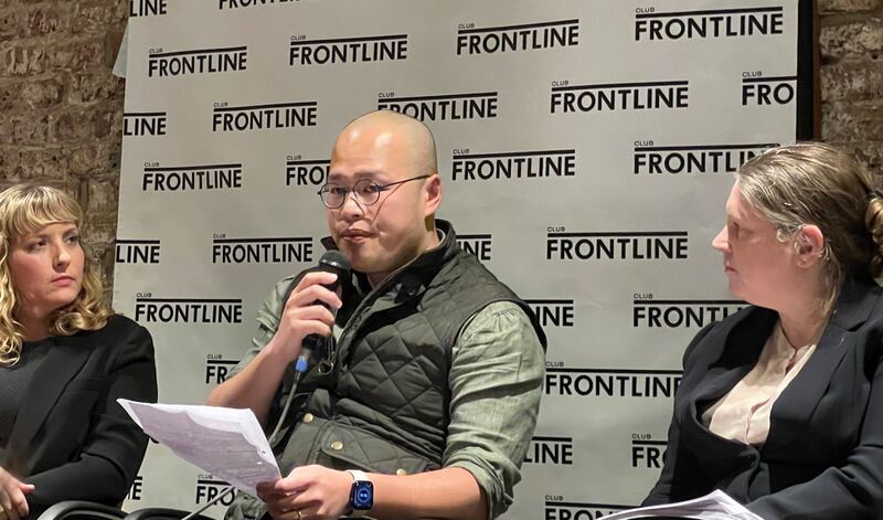 黎智英兒子黎崇恩周四(12日)出席倫敦一個活動,表示樂見英國政府近日的表態,形容情況正往好的方向發展,但認為並不足夠。(呂熙 攝)