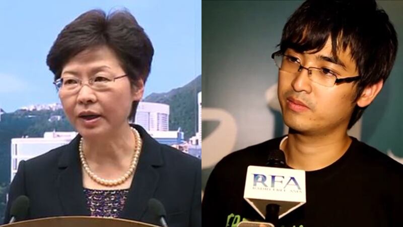 左圖: 2014年10月9日，政務司司長林鄭月娥指學聯等有關團體公布新一輪公民抗命行動，認為對話基礎受到動搖，因此擱置對話。(香港政府新聞網截圖) 右圖:學聯同日晚上回應政府擱置對話，認為對話前提出下一步公民抗命並無不妥。(現場人士攝)