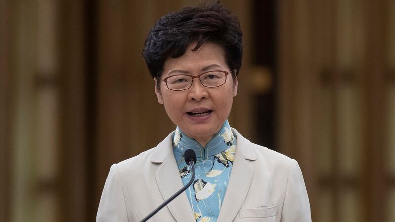 2019年11月28日,香港特首林郑月娥在一个记者会上。(美联社)