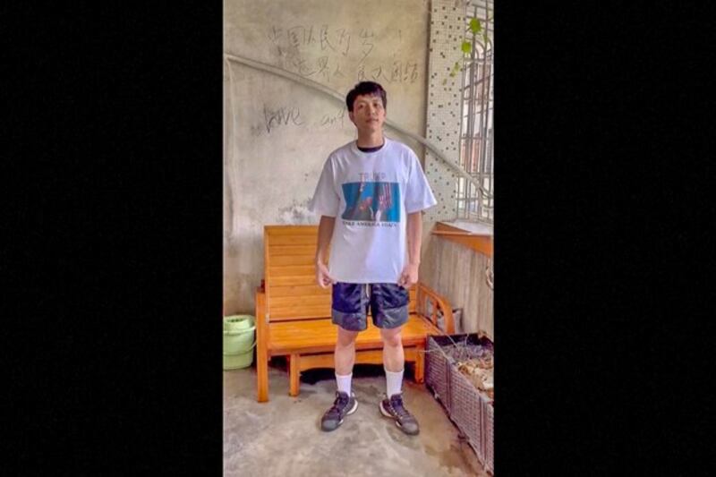 Zhong Jiachi, owner of Paxinico, a clothing merchant on China's video-sharing platform Douyin, wears a T-shirt with an image of former US President Donald Trump following an assassination attempt, in Jieyang, Guangdong province, China, July 15, 2024. (Reuters/Paxinico)