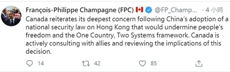 加拿大外交部长商鹏飞在推特上对香港国安法表达深切关注 (推特截图) 