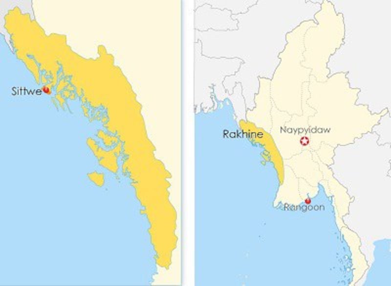 Maps showing Sittwe, the capital of Rakhine state, in western Burma. Credit: RFA.