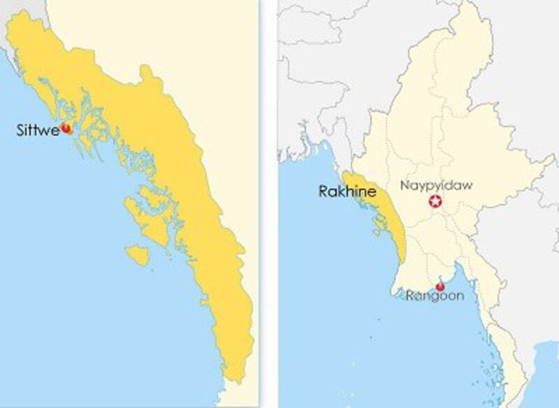 Maps showing Sittwe, the capital of Rakhine state, in western Burma. Credit: RFA.