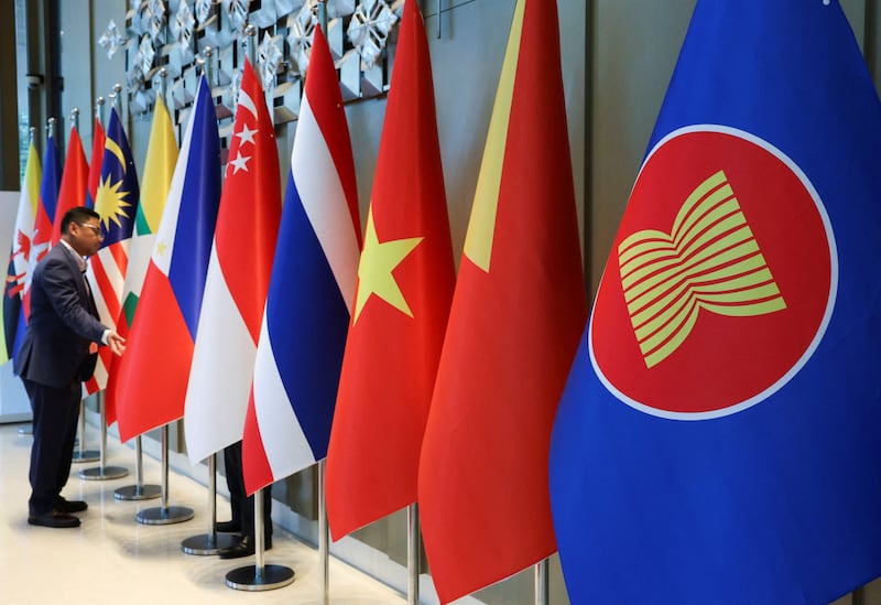 The ASEAN flag is placed alongside flags of its member countries ahead of the ASEAN Foreign Ministers' Retreat in Langkawi, Malaysia on January 17, 2025.