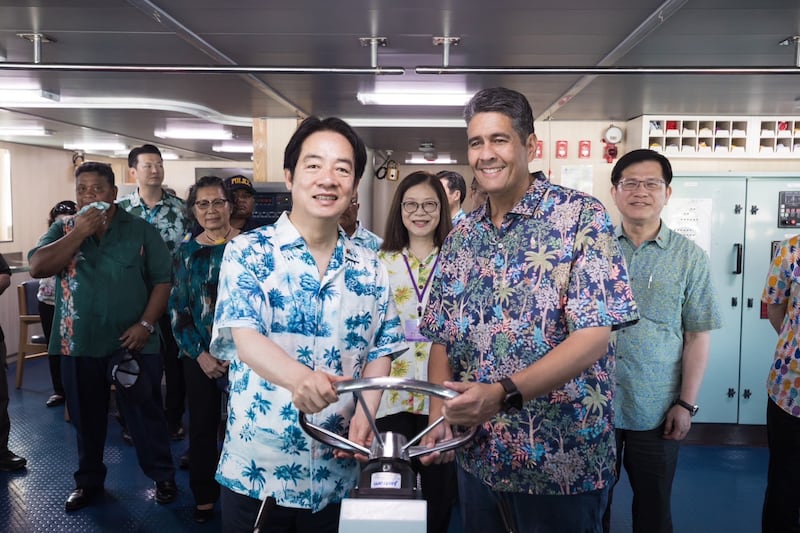 This photo released on Dec. 6, 2024, by the Taiwan Presidential office shows Taiwanese President Lai Ching-te with Palau's President Surangel Whipps Jr. onboard the Taiwan Coast Guard patrol ship "Yunlin" at the Port of Malakal in the state of Koror, Palau.