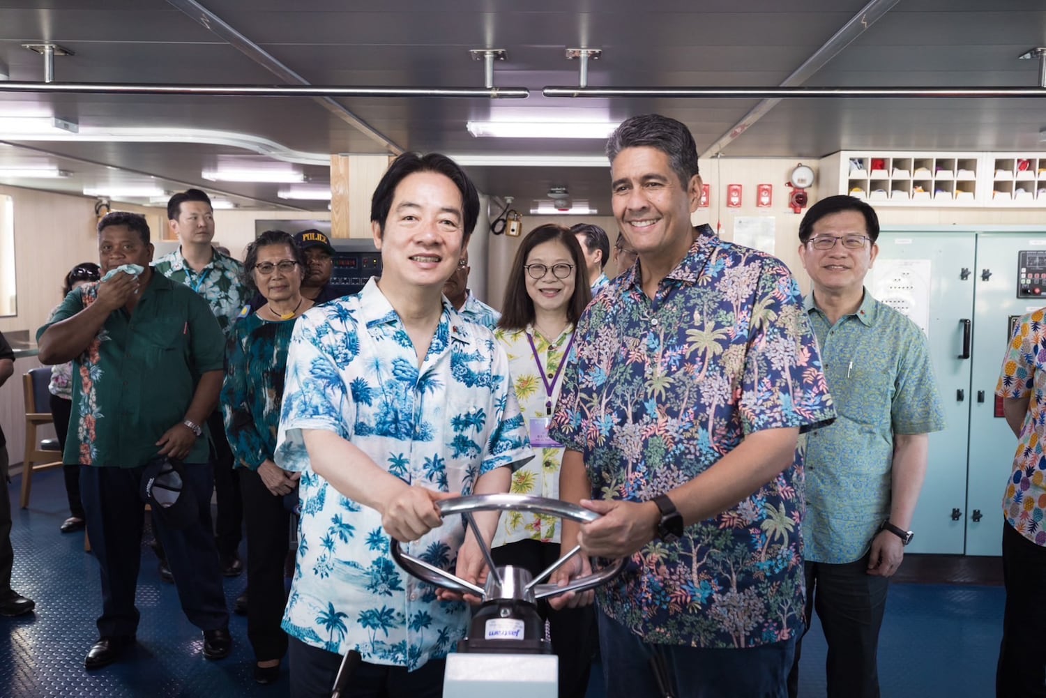 This photo released on Dec. 6, 2024, by the Taiwan Presidential office shows Taiwanese President Lai Ching-te with Palau's President Surangel Whipps Jr. onboard the Taiwan Coast Guard patrol ship 