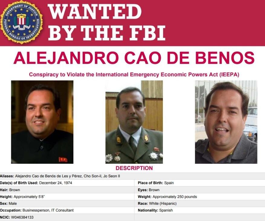 미 연방수사국(FBI)이 18일 공개한 스페인 국적자 알레한드로 카오 데 베노스의 지명수배 전단.