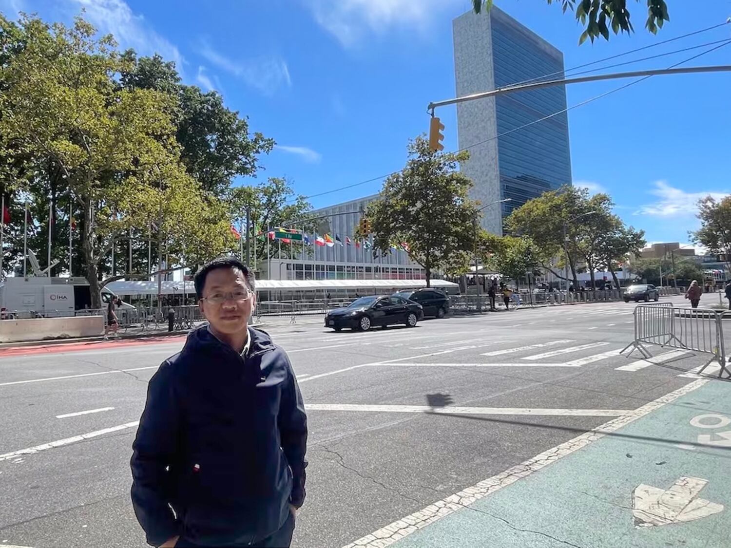 Current affairs commentator Ma Ju stands near the United Nations in New York in an undated photo.
