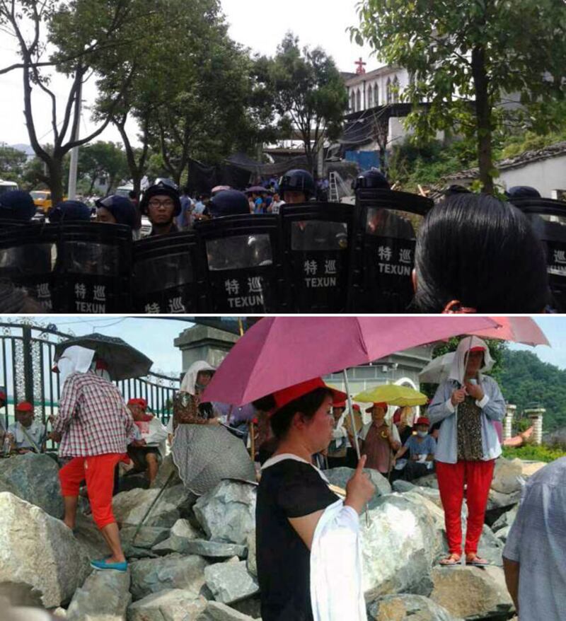 上圖:警察在上周教堂外拉起警戒線。下圖:得悉或面臨強拆,教會的教徒除在教堂外放大石作為阻擋第一重防線外。(教徒攝)