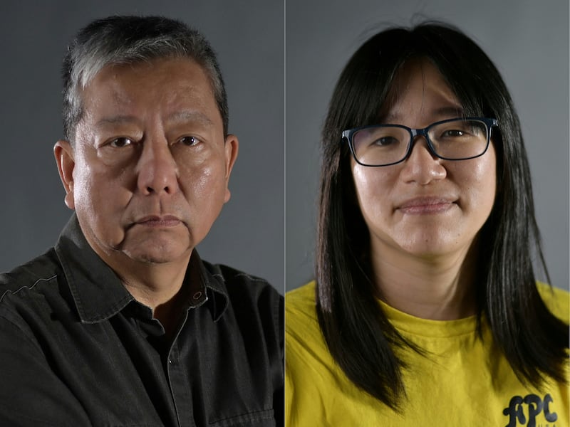 Hong Kong pro-democracy activists Lee Cheuk-yan, left, and Chow Hang-tung posing during photo sessions in Hong Kong on March 21, 2021.