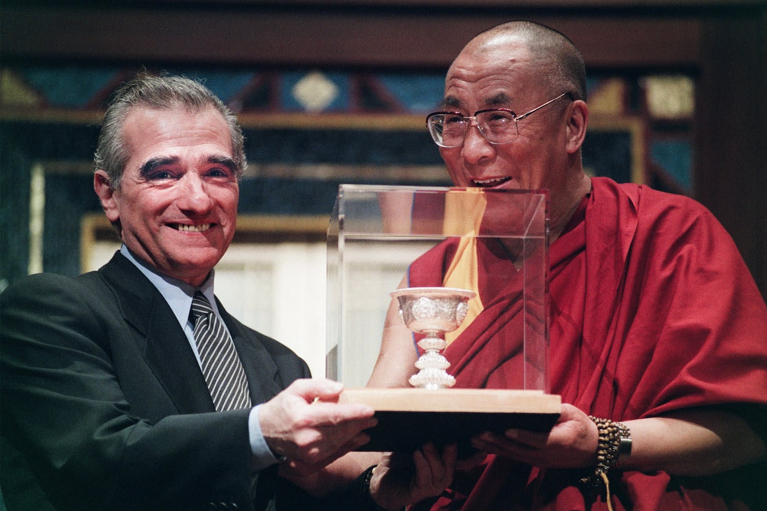 Filmmaker Martin Scorsese and the Dalai Lama pose with the