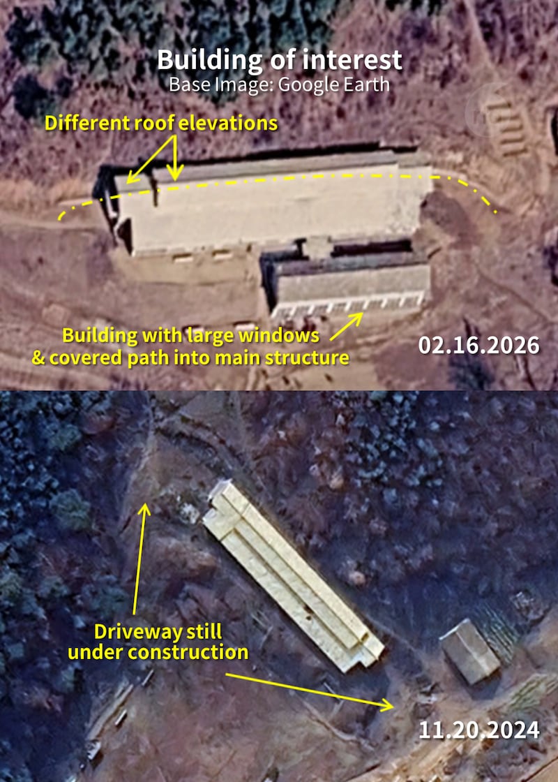 Satellite imagery showing two of the completed probable MLRS support buildings, highlighting the multiple roof elevations and driveway approaches common to each of the 21 buildings identified. Analyzed by Jacob Bogle