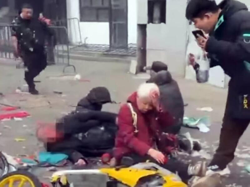 Victims of an explosion on the street in front of the "Dadong Food Mall in Shenyang, China, Jan. 28, 2025. Photo from video.