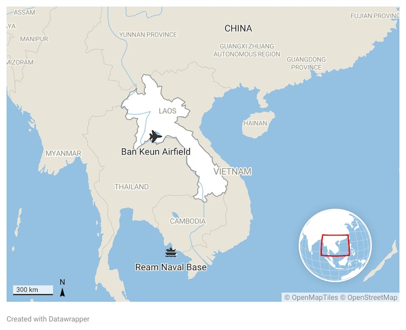 A map showing the locations of Ban Keun Airfield in Laos and Ream Naval Base in Cambodia.