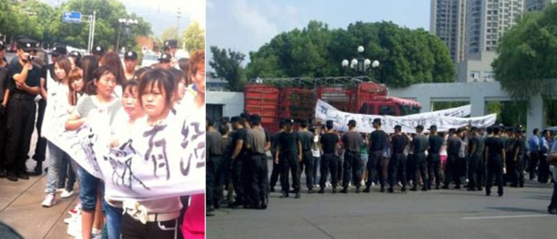 江蘇省常熟市祥鑫針織廠的逾百名下崗工人,周二(9月3日)集體到市政府辦外舉橫額討薪,要求市政府提供協助,他們被拖欠三個多月工資,連遣散費和社保金涉數十萬元。大批防暴警和便衣公安到場把示威工人逐批分隔驅散,衝突中有三名工人被抓捕,另一名工人傷重送院。(工人胡先生提供)