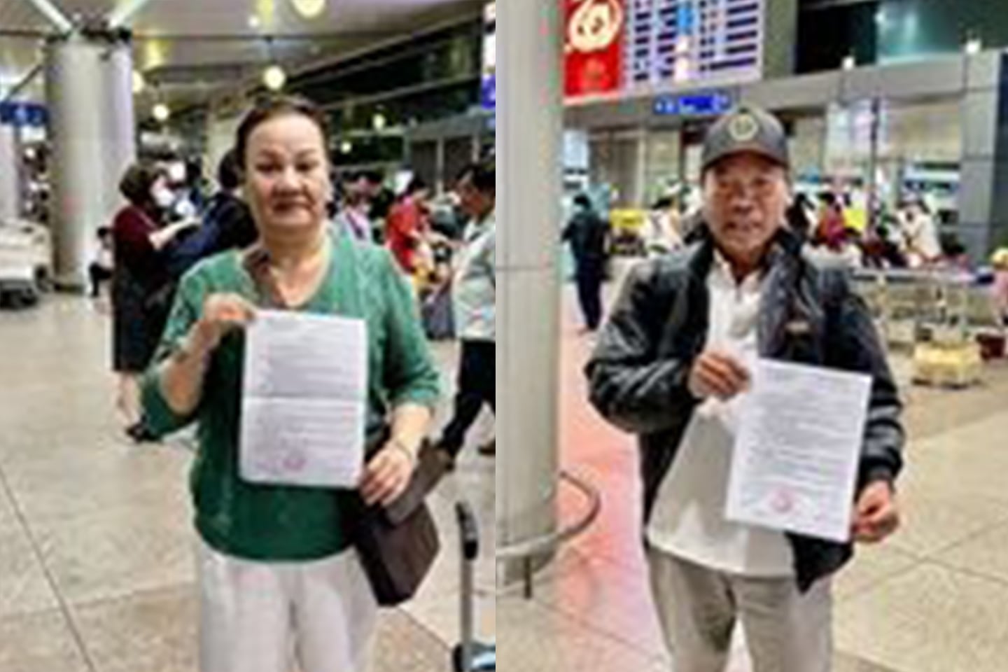 Bà Nguyễn Xuân Mai (trái) và ông Nguyễn Ngọc Diến (phải) cầm biên bản tạm hoãn xuất cảnh tại phi trường Tân Sơn Nhất (TPHCM) vào ngày 28/1/2025