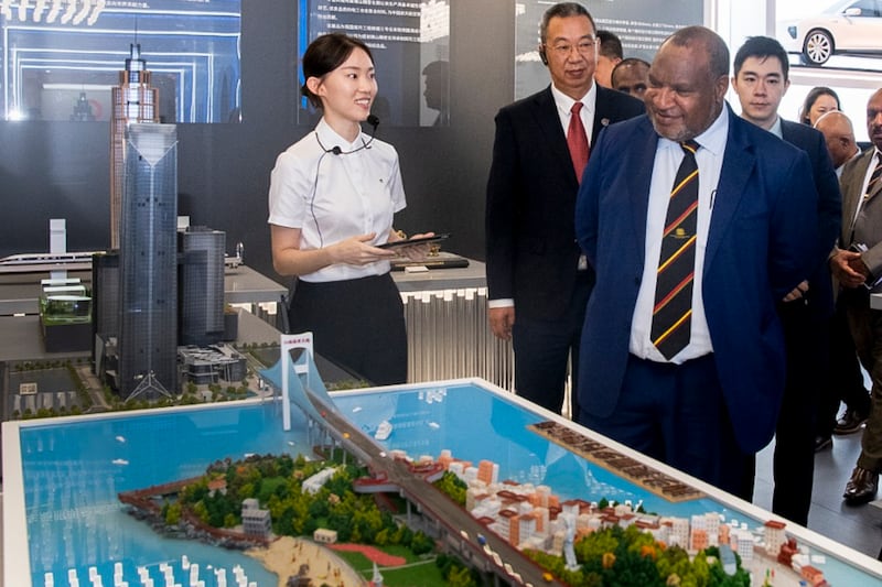 In this image released by the Chinese government, PNG Prime Minister James Marape visits Guangdong, China, April 28, 2026.