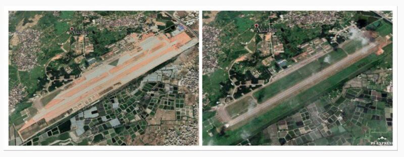 中共福建省龙田军用机场。图为扩建前（右）与扩建中（左）。（图／取自台湾联合报、3月7日GOOGLE EARTH图）