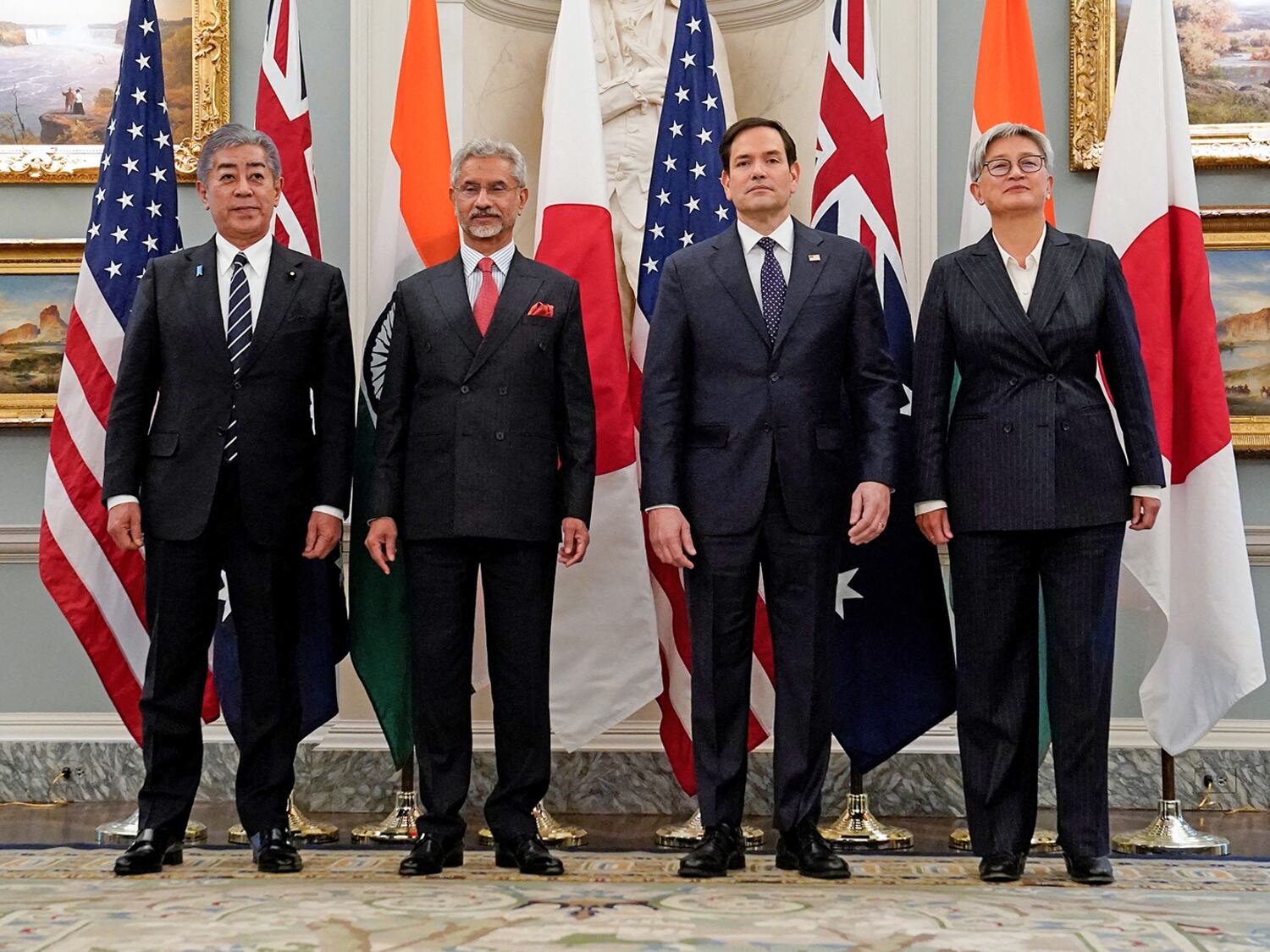 Secretary of State Marco Rubio, second from right, meets with Indian External Affairs Minister Dr. Subrahmanyam Jaishankar, Australian Foreign Minister Penny Wong, and Japanese Foreign Minister Iwaya Takeshi at the State Department in Washington, Jan. 21, 2025.
