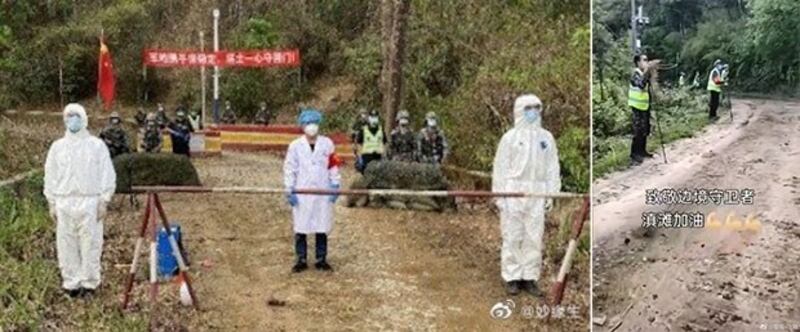 左图：中国全副武装的中国边防武警，在通往缅甸的道路上设卡。（微博图片）； 右图：中缅边界中方一侧，当地民兵驻守在山脚下，阻挡偷渡者。（微博图片）