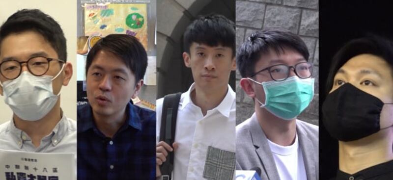 政界社運人士包括羅冠聰、許智峯、梁頌恆、張崑陽、陳家駒（左至右）在《國安法》實施前後流亡。（粵語組製圖）