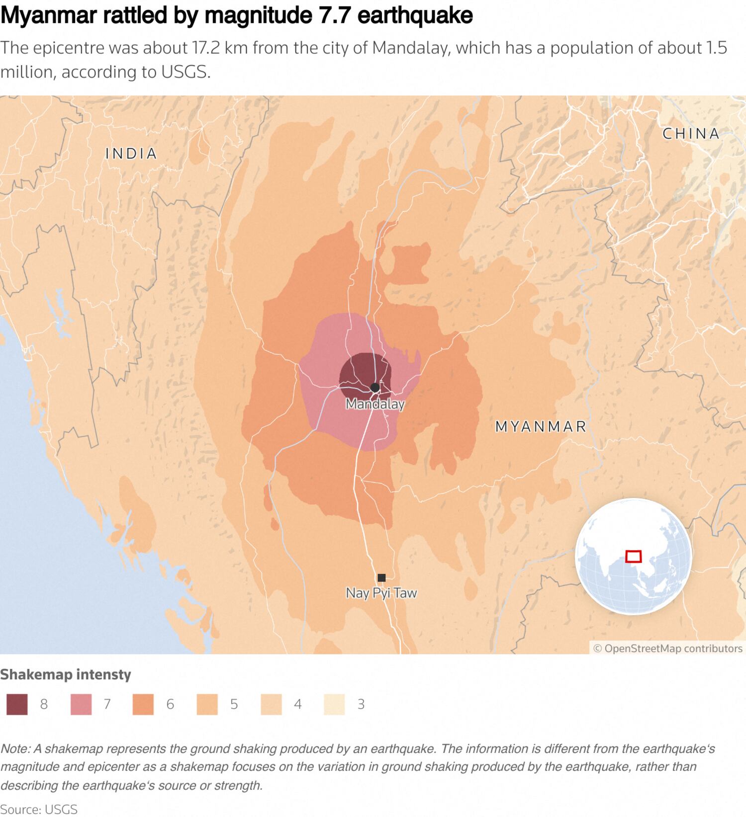A graphic map showing shakemap intensity near the region of Mandalay.