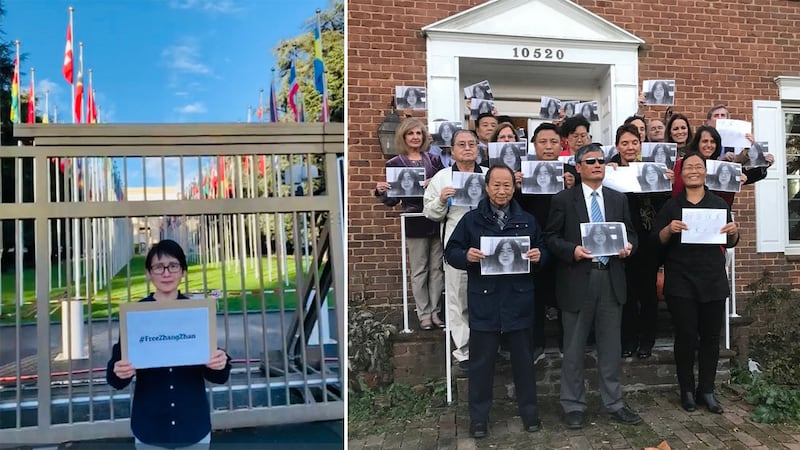 Zhang Zhan Concern Group founder Wang Jianhong in Geneva for meetings with representatives of the United Nations High Commissioner for Human Rights and other representatives (L) and Chinese dissidents and rights activists show support for Zhang (R). Credit: Wang Jianhong