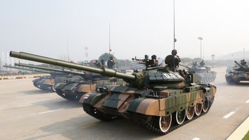 Junta tanks take part in an Armed Forces Day parade in Naypyidaw, Myanmar, March 27, 2022. AFP