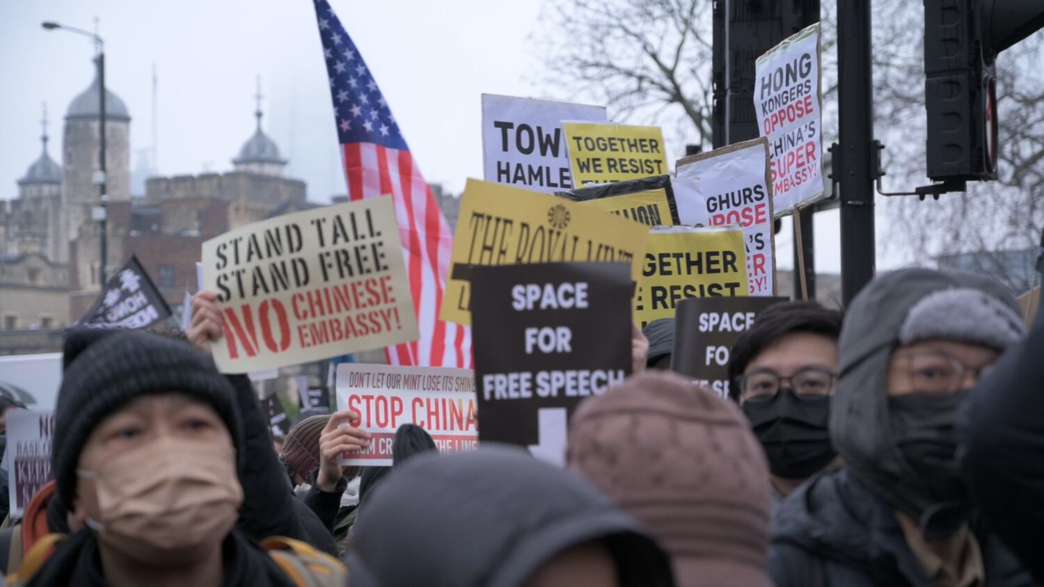 The protesters oppose the new location – a historic site once owned by Britain’s Royal Mint. They cite security threats and fears that China would use the embassy to ‘harass’ and ‘control’ dissidents.