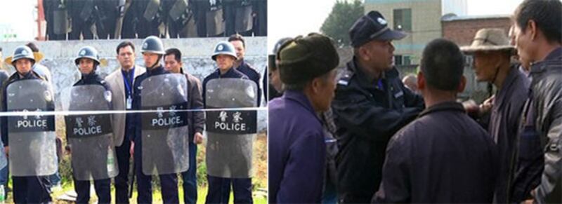 下灣村村民到工地阻工，與施工人員發生爭執繼而打起架來，當局派兩百多警力到場戒備，並拉起警戒線禁止村民走近。村民其後遭特警鎮壓，數名村民受傷，其中一人傷重送院，另有四名村民被抓捕。（村民林先生提供）