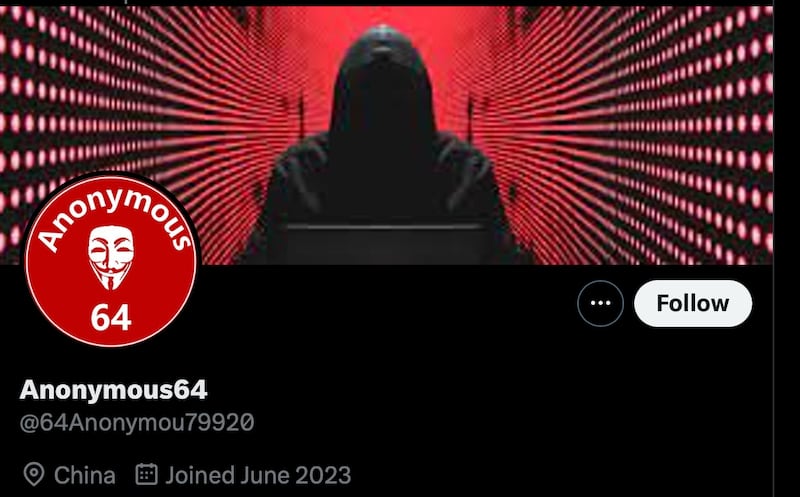 中国国安部门指控,“匿名者64”是台湾国防部下辖的资通电军下属的网络战联队网络环境研析中心,台湾军方已否认。(截屏自社交媒体X)