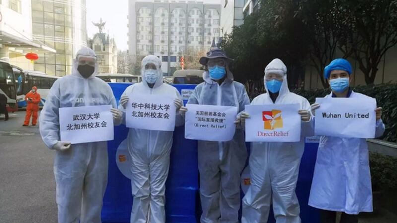 美国非政府组织“国际直接援助”（“Direct Relief”）捐赠的医疗物资日前顺利运抵武汉。（华中科技大学微博图片，拍摄日期不详）