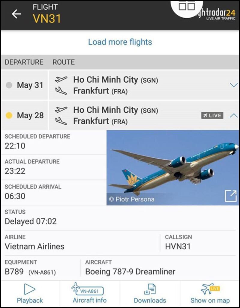 Thông tin về chuyến bay VN31 của Vietnam Airlines trên trang Flightradar24.