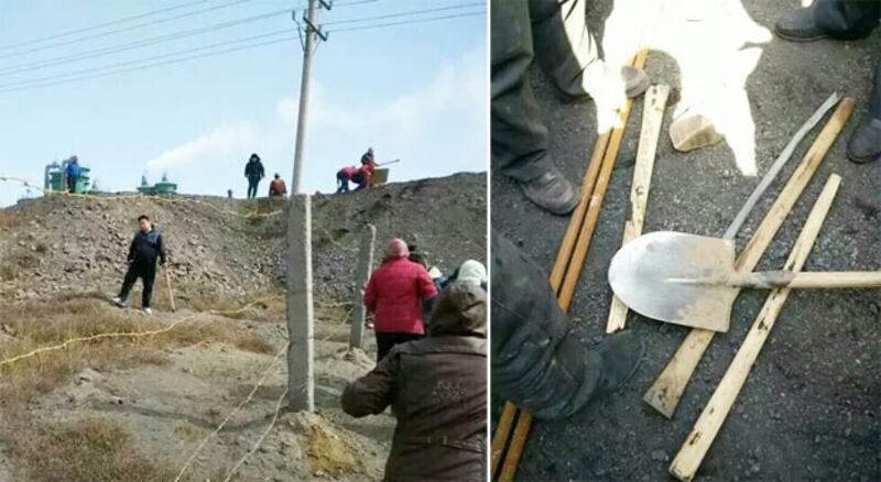 遼寧北票巿北塔鄉吻蘇吐嚕村村民指, 北塔公司非法佔據山林並準備木棍、鐵管及磚頭等工具。（維權人士提供）