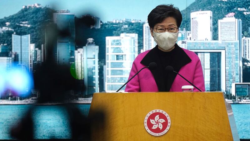 2021年1月19日，香港特首林郑月娥在新闻发布会上。（AP）