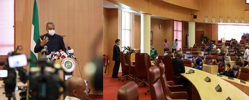 2020年4月14日，在雙方民眾激烈的對壘中，中國駐尼日利亞大使周平劍與尼外長奧尼亞馬並共見記者。（中國駐奈及利亞大使館官網）