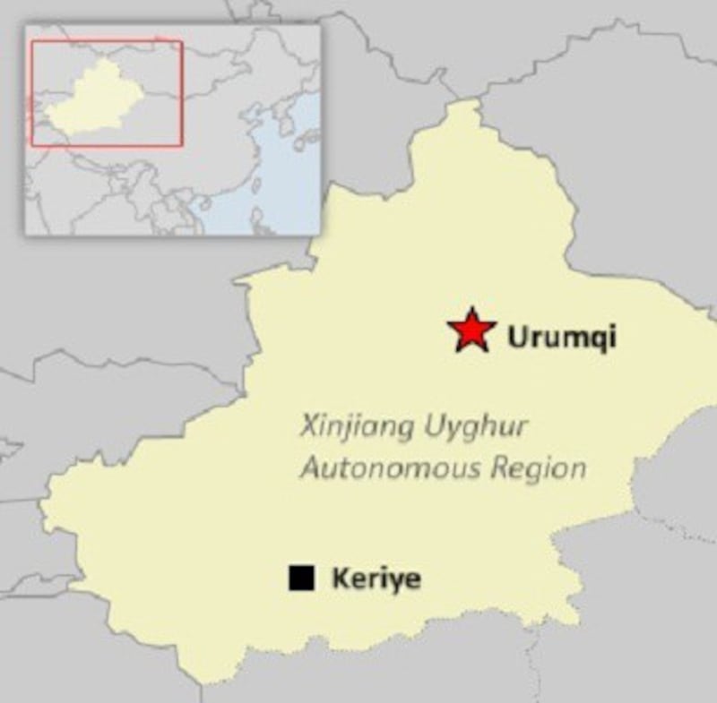 Map of Keriye town in Hotan prefecture, Xinjiang, China